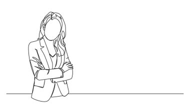 Sürekli kollarını kavuşturan iş kadını çizimleri. Çizgi çizimi.