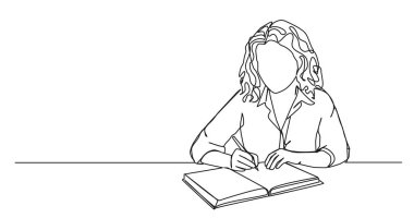 Günlüğe ya da günlüğe not alan tek satırlı kadın çizimi, çizgi çizimi resim çizimi