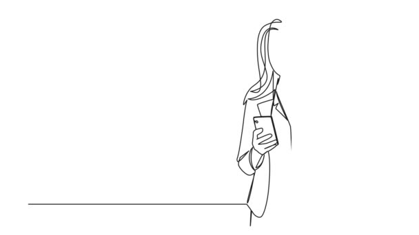 手握智能手机的女商人的动画连续单行绘图 线画动画 — 图库视频影像