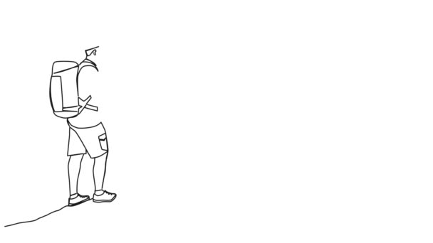 Анимированный Непрерывный Рисунок Одной Линии Человека Шестом Рюкзаком Восхождение Гору — стоковое видео