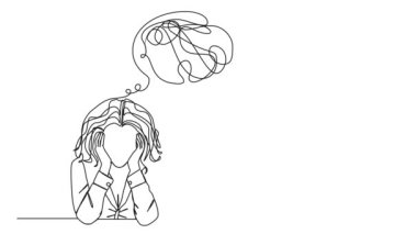 Stresli ve kafası karışmış, kafası karışık bir kadının çizgi çizimi.