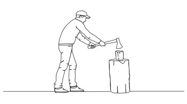 İnsanların baltayla odun kestiği tek bir çizgi çizimi, çizgi çizimi.