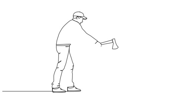 Animovaný Souvislý Jednořádkový Výkres Člověka Sekajícího Dřevo Sekerou Line Art — Stock video