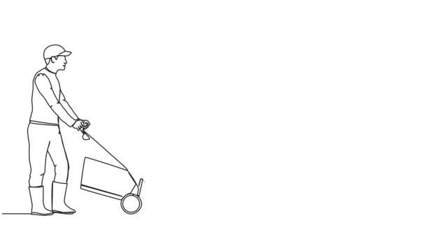 Анимированный Непрерывный Рисунок Одной Линии Человека Стригущего Газон Линейная Анимация — стоковое видео