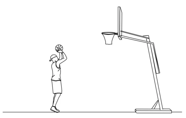 Dibujo Continuo Una Sola Línea Balón Baloncesto Jugador Tiro Aro — Archivo Imágenes Vectoriales