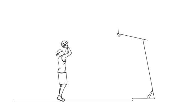 Animierte Kontinuierliche Einzeilige Zeichnung Eines Basketballspielers Der Ball Auf Einen — Stockvideo
