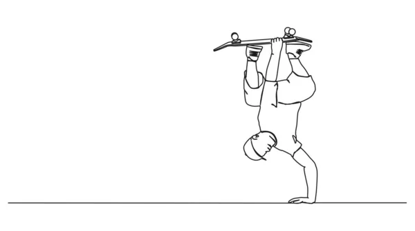 Непрерывный Однолинейный Рисунок Скейтбордиста Выполняющий Трюк Ручной Установкой Векторная Иллюстрация — стоковый вектор