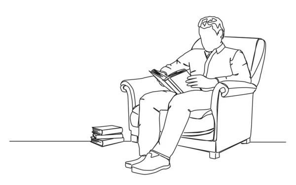 Непрерывный Однолинейный Рисунок Человека Сидящего Кресле Читающего Книгу Векторную Иллюстрацию — стоковый вектор