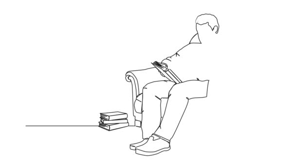 Анимированный Непрерывный Однострочный Рисунок Человека Сидящего Кресле Читающего Книгу Линейную — стоковое видео