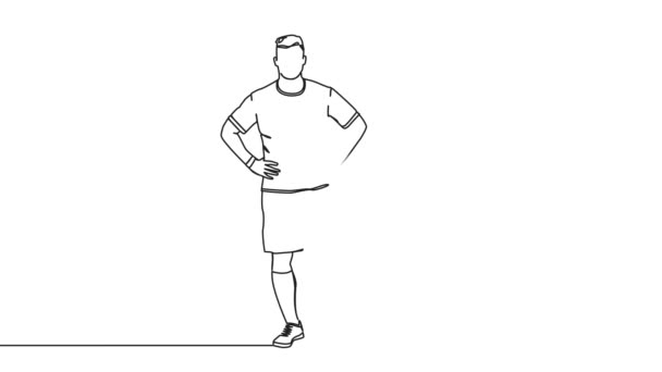 Animierte Fortlaufende Linienzeichnung Des Fußballers Mit Fuß Auf Ball Linienkunst — Stockvideo