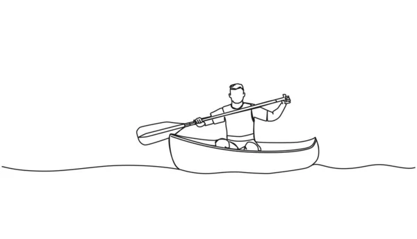 Dibujo Continuo Una Sola Línea Del Hombre Canoa Lago Río — Archivo Imágenes Vectoriales