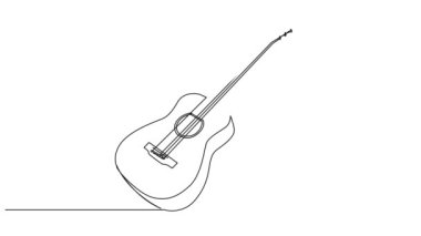 akustik gitarın aralıksız tek çizgi çizimi, çizgi sanat animasyonu