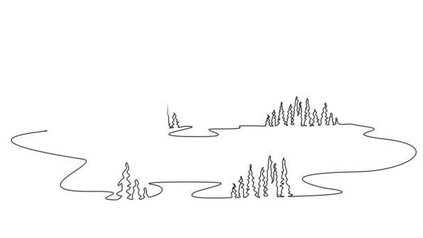 动画连续单行画美丽的山地风景与湖泊 线条艺术动画 — 图库视频影像