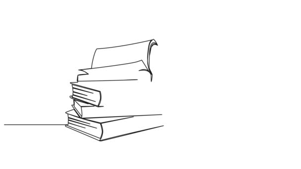 Animovaný Souvislý Jednořádkový Výkres Stohu Knih Otevřenou Knihou Nahoře Line — Stock video