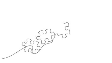 yapboz parçalarının sürekli tek bir çizgi çizimi karmaşık problem çizgi sanat animasyonunu çözüyor.