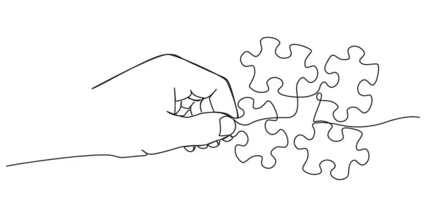 Desenho Linha Única Contínua Mão Segurando Peça Quebra Cabeça Ilustração —  Vetores de Stock