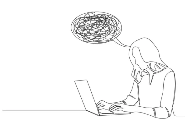 Desenho Contínuo Linha Única Mulher Estressada Confusa Usando Computador Portátil —  Vetores de Stock