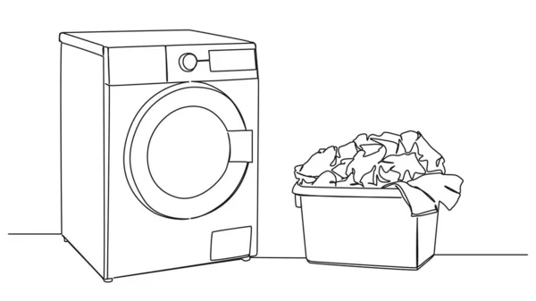 Continue Enkele Lijn Tekening Van Wasmachine Wasmand Met Wasgoed Lijn — Stockvector