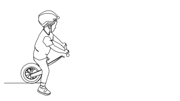 バランスバイク ラインアートアニメーションの自転車ヘルメット付きトッドラーのアニメーション連続シングルライン描画 — ストック動画