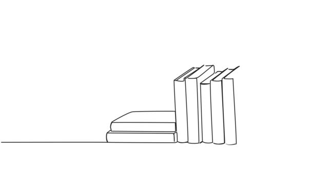 Анимационный Непрерывный Однострочный Рисунок Стопки Книг Полке Линейная Анимация — стоковое видео