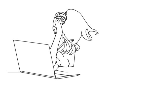 用笔记本电脑 线条艺术动画为紧张而沮丧的妇女连续绘制单行动画 — 图库视频影像