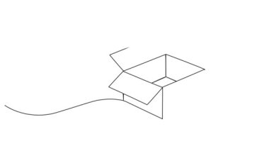 Açık karton kutunun, teslimatın ve nakliye konsepti sanat animasyonunun sürekli tek satır çizimi