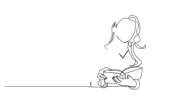 Анімований Безперервний Однорядковий Малюнок Жінки Сидить Столом Читаючи Книгу Анімацію — стокове відео