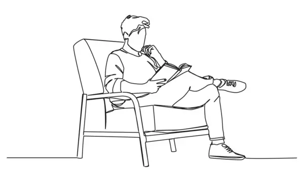 Безперервний Однорядковий Малюнок Людини Зручному Кріслі Читання Книги Лінії Мистецтва — стоковий вектор