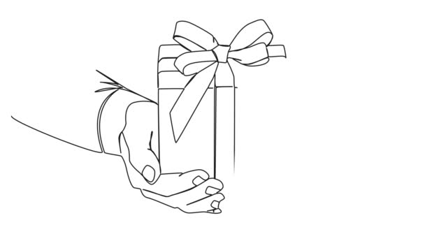Animierte Kontinuierliche Einzeilige Zeichnung Von Händen Die Geschenkbox Mit Schleife — Stockvideo