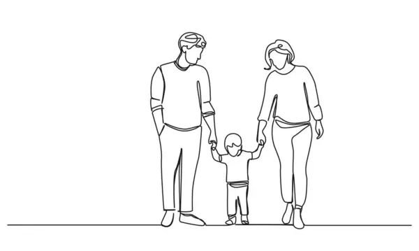 中間の手で子供と歩いている親の連続的な単一行図 幸せな家族のラインの芸術のベクトル イラスト — ストックベクタ