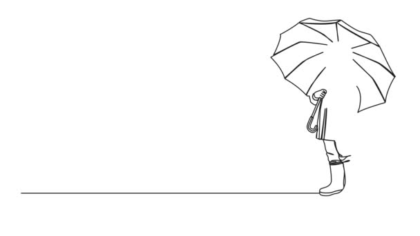 Animowany Ciągły Rysunek Młodego Chłopca Płaszczu Przeciwdeszczowym Gumowych Butach Parasolem — Wideo stockowe