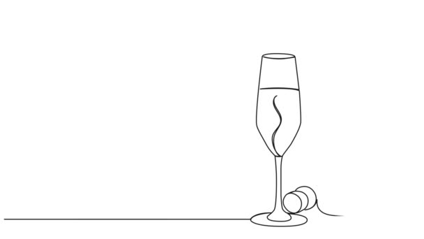 Desenho Linha Única Contínua Animada Garrafa Vinho Espumante Copo Champanhe — Vídeo de Stock