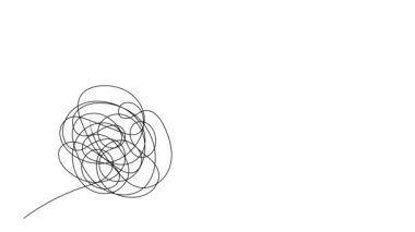idea generation and collecting thoughts concept, brainstorming continuous single line drawing with complex entangled line unraveling to glowing light bulb, line art animation