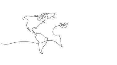 sadeleştirilmiş dünya haritasının sürekli tek çizgi çizimi, çizgi sanatı animasyonu