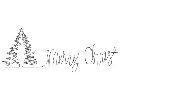 动画连续单行绘图手写体字梅里 克里斯坦与圣诞树和礼品盒 线条艺术动画 — 图库视频影像