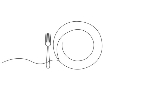 Animowany Ciągły Jednoliniowy Rysunek Koncepcji Obiadu Talerz Widelcem Nóż Łyżka — Wideo stockowe