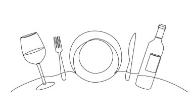 dinner concept continuous single line drawing, plate, fork, knife, wine glass and bottle line art vector illustration clipart