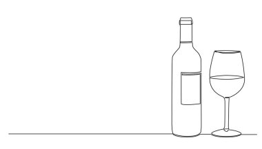 Şarap ve şarap kadehinin aralıksız çizimi, çizgili sanat çizgisi illüstrasyonu