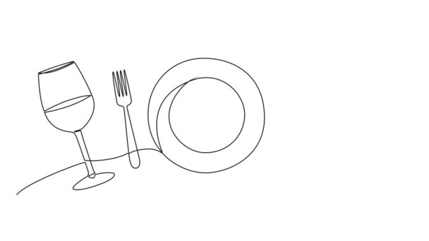 Анимационный Ужин Концепция Непрерывного Рисования Одной Линии Пластина Вилка Нож — стоковое видео