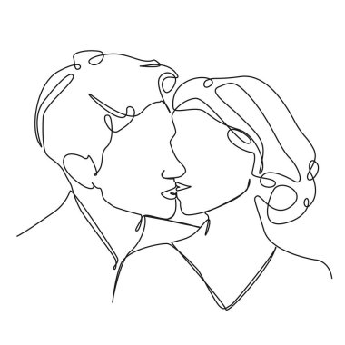 Çift öpüşmesinin kesintisiz tek çizgi çizimi, çizgi sanat vektörü çizimi