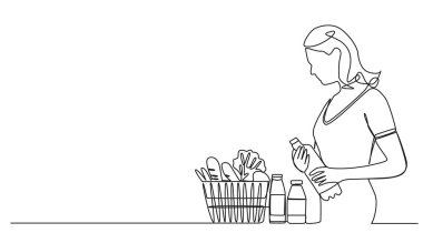 Bakkal alışverişi yapan tek sıra kadın çizimi, çizgi çizimi.