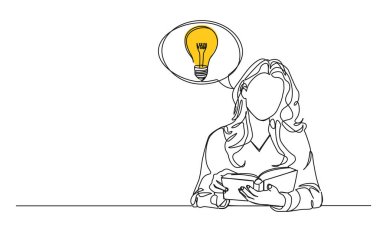 Sürekli bir fikir sahibi olan kadın çizimi, ampullü konuşma balonu, çizgi çizimi sanat vektörü illüstrasyonu