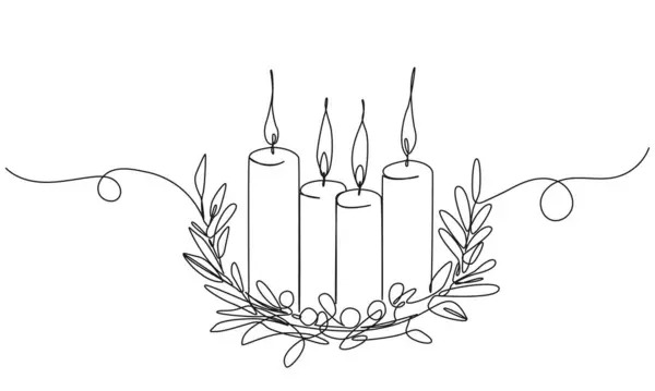 连续单行画四支蜡烛点燃的花环 圣诞节概念线艺术矢量图解 — 图库矢量图片#