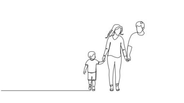 Animasyon çizimleri anne ve babanın el ele yürüyen iki çocuğu, aile çizgisi sanat animasyonu