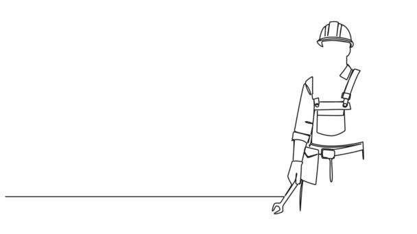 ハードハットを身に着け レンチ ラインアートアニメーションを保持する建設労働者のアニメーション連続シングルライン描画 — ストック動画