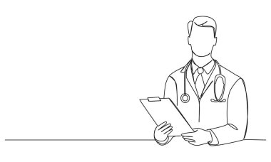Hekimin steteskop ve pano ile sürekli tek çizgi çizimi, çizgi sanat vektörü illüstrasyonu