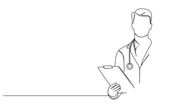 Hekimin steteskop, pano ve çizgi sanat animasyonuyla sürekli tek çizgi çizimi