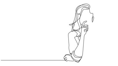 Düşünceli ve şüpheci bir kadının çizgi çizimi, çizgi sanatı animasyonu.