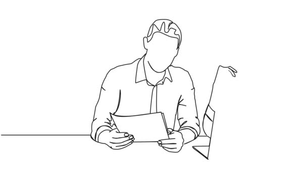 Анимационный Непрерывный Однострочный Рисунок Бизнесмена Предпринимательницы Обсуждающий Документы Анимацию Искусства — стоковое видео