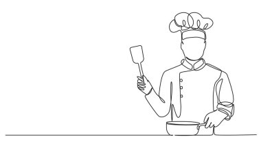 Kızartma tavası ve spatula ile tek sıra halinde şef çizimi, çizgi sanat vektörü çizimi